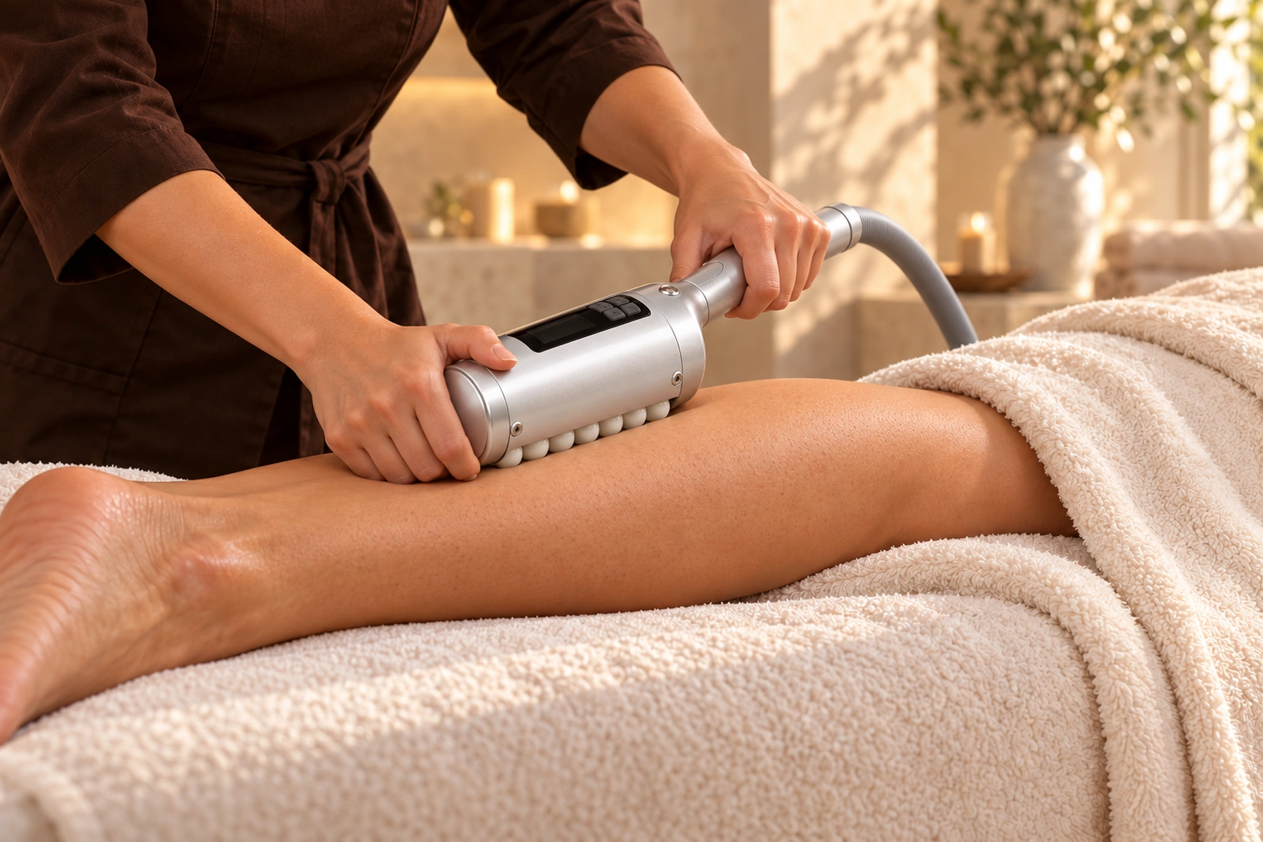Endospheres body treatment on the leg in a warm studio