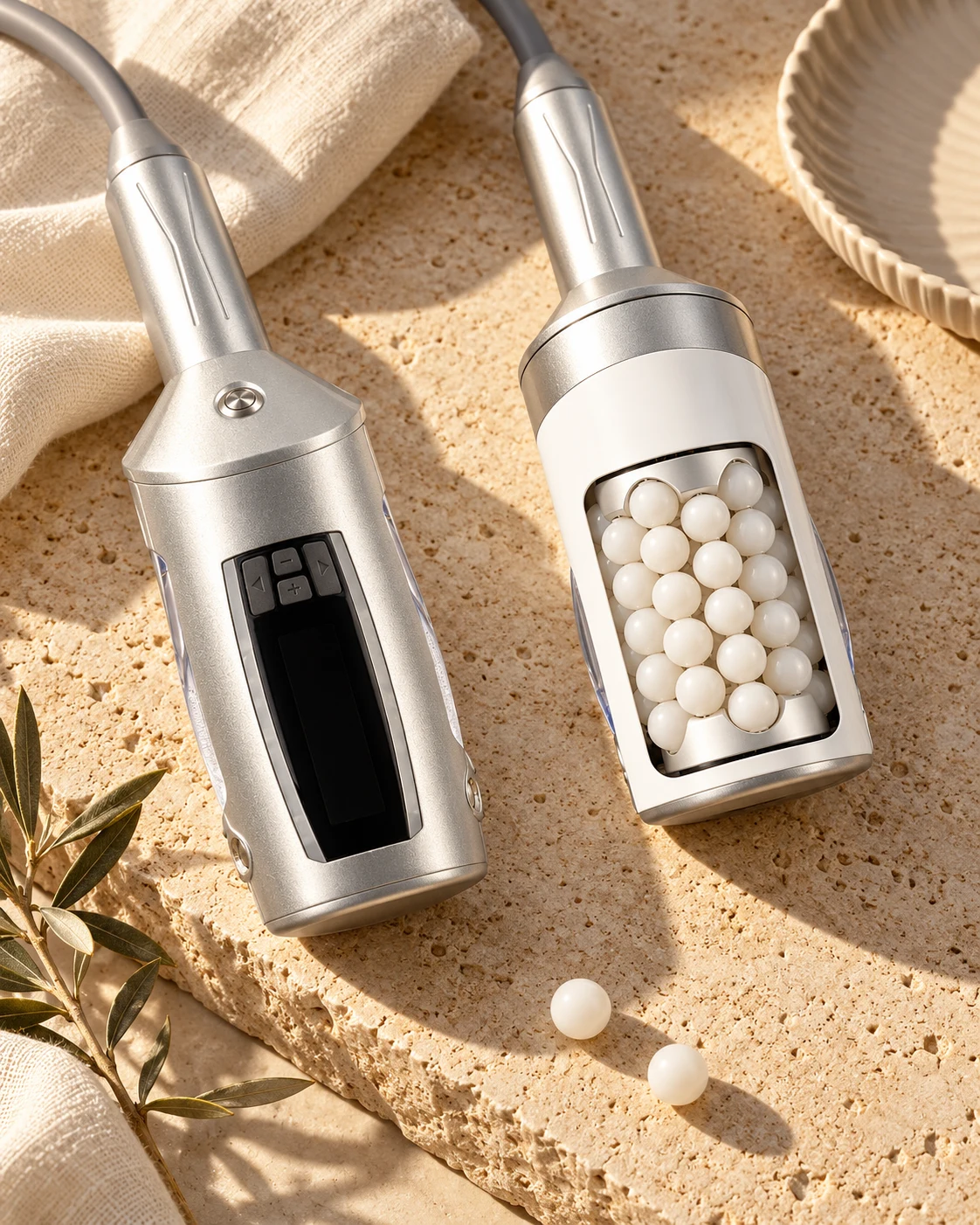 Endospheres handpieces arranged on travertine