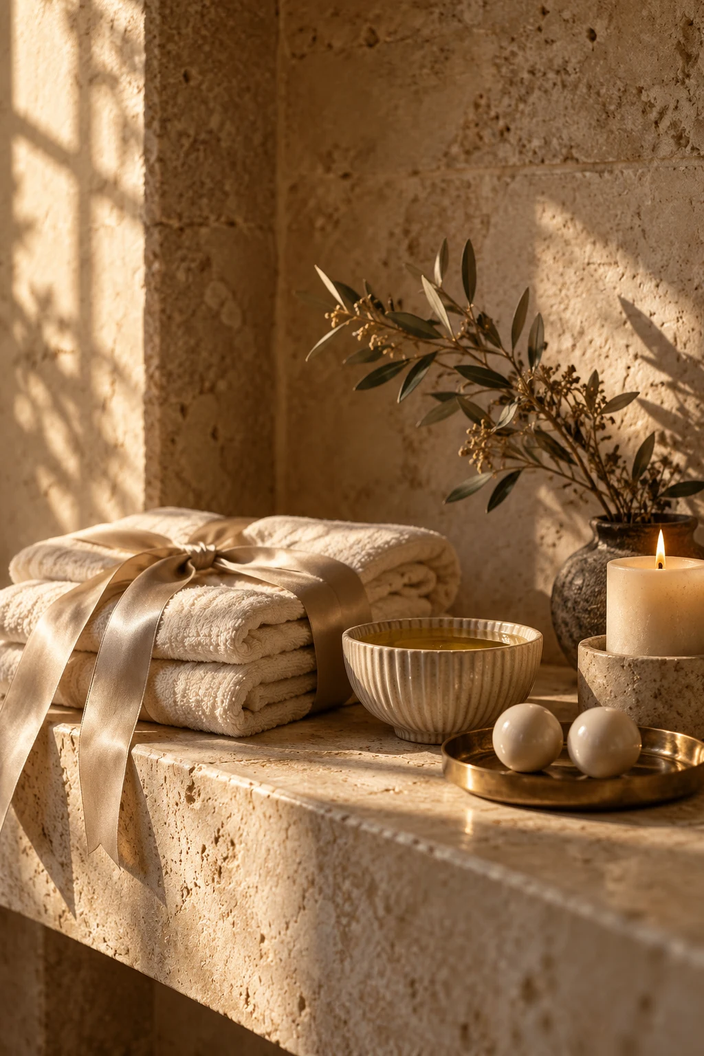 Ivory towels, candle and warm oil on travertine