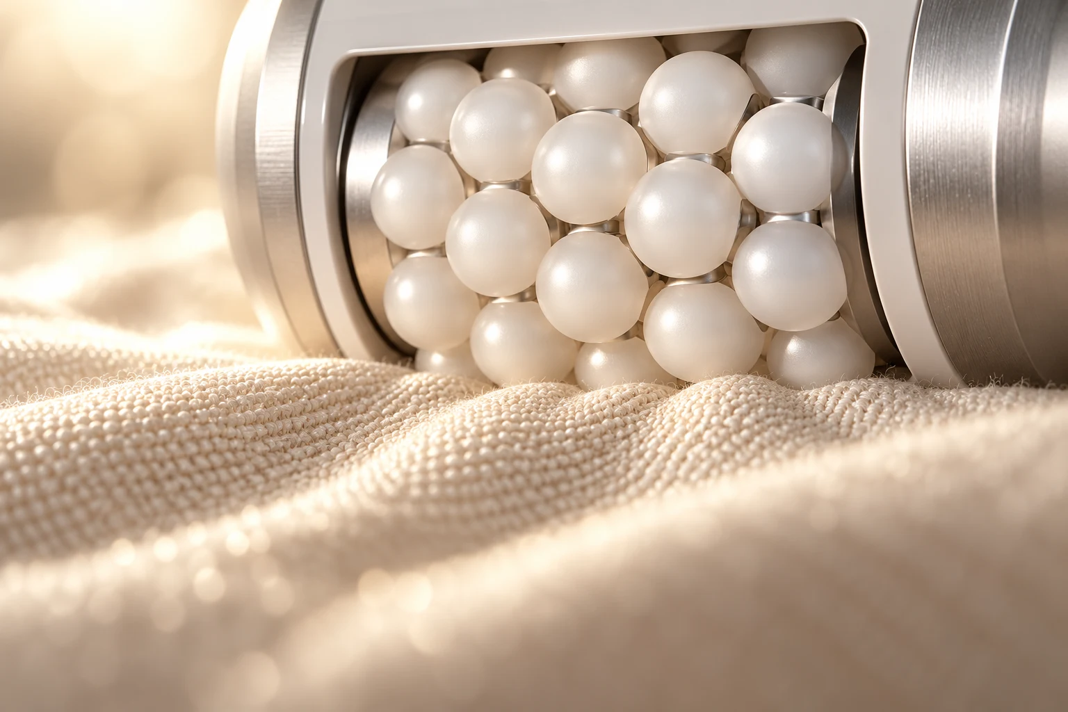 Close detail of the Endospheres sphere cylinder on linen